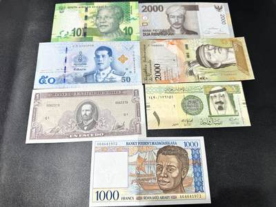《外钞收藏家》第五百三十九期（本期有精品港币、美元刀币、补号、教育券）（本平台长期征集拍品、欢迎藏友们联系合作）  - 南非、泰国、马达加斯加等 7张一起 全新 智利边上有轻微潮