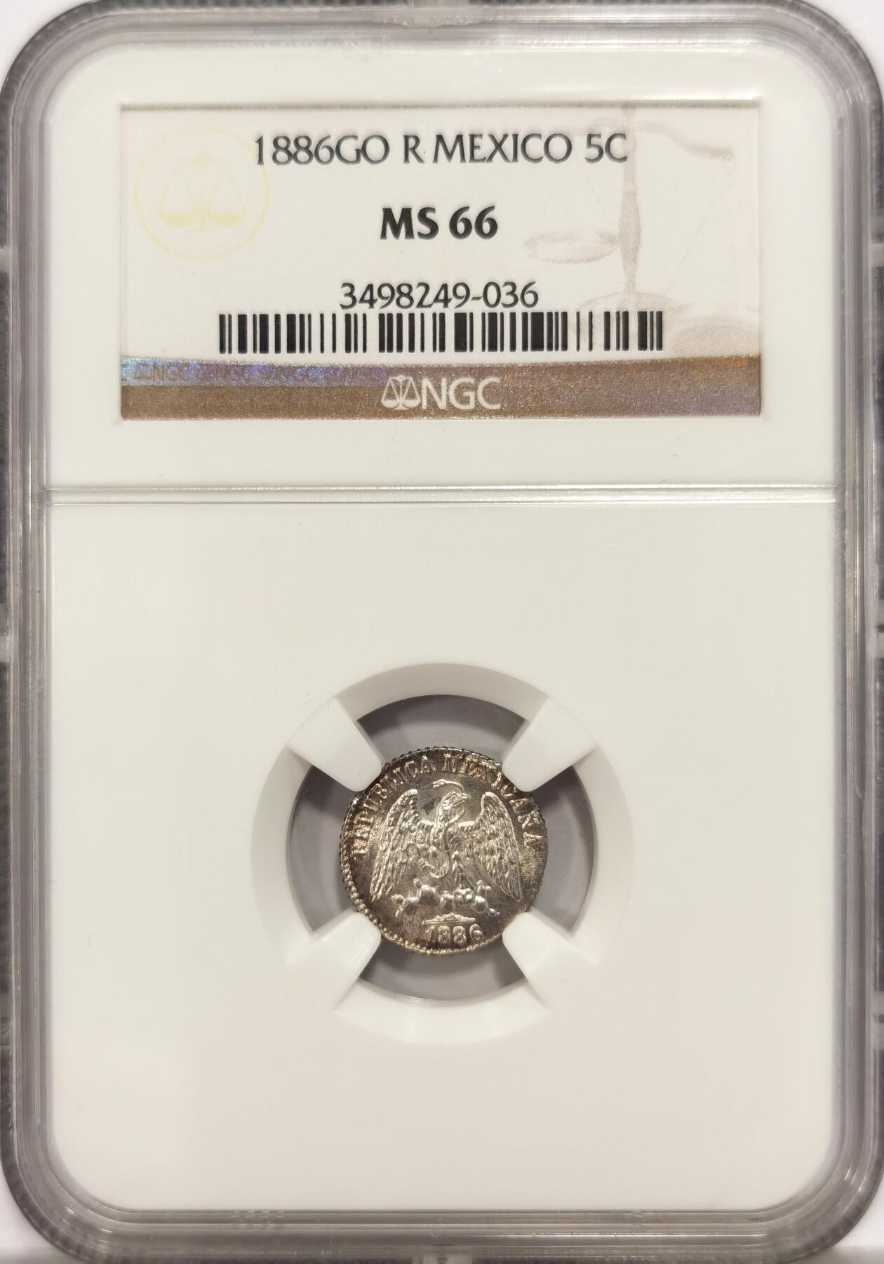 【麦稀奇收藏嘉年华】 博洋堂美国及美洲钱币专场拍卖②暨第127期（全场包邮） NGC MS66 墨西哥1886年GO R小鹰洋5分银币（花边时期），顶级高分
