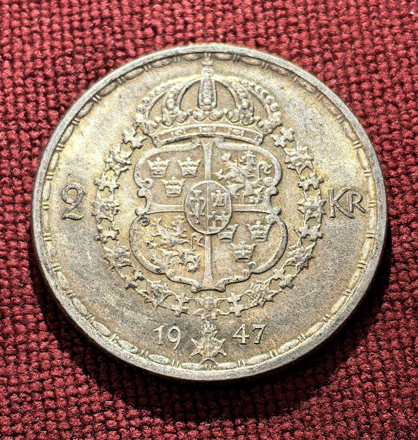 南宋泉阁俄币 外币 国币 专场第十二期【送拍无额外佣金】 瑞典 1947年 古斯塔夫五世2克朗银币 14g 400银 极品双面转光 银霜感强