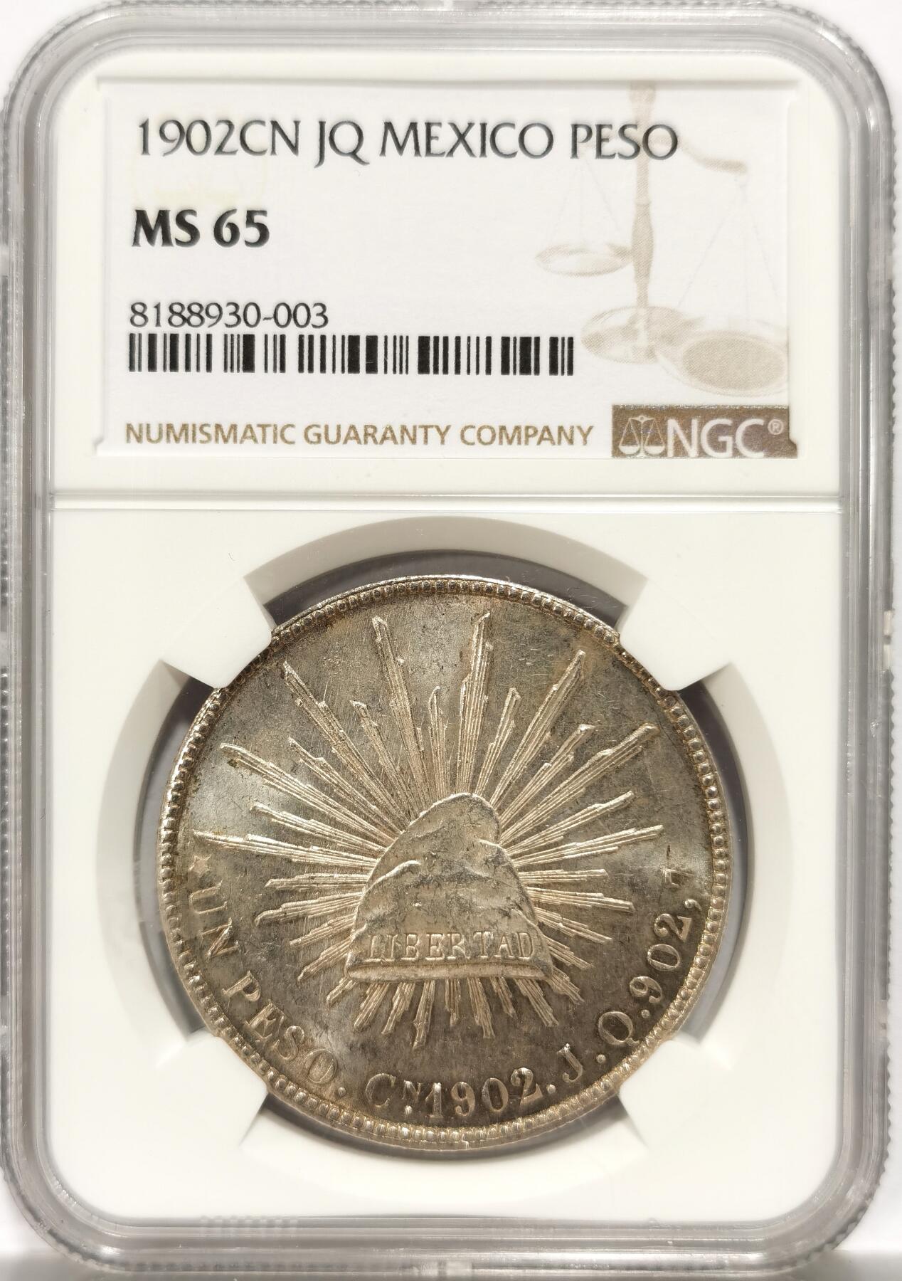 【麦稀奇收藏嘉年华】 博洋堂美国及美洲钱币专场拍卖②暨第127期（全场包邮） NGC MS65 墨西哥1902年CN JQ版直边鹰洋，直边中少见版别，更高仅有一枚65+和66，收藏一枚毕业