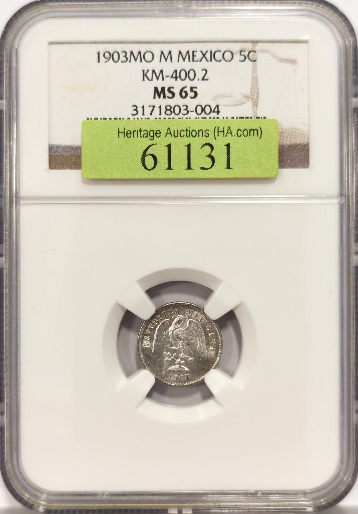 【麦稀奇收藏嘉年华】 博洋堂美国及美洲钱币专场拍卖②暨第127期（全场包邮） NGC MS65 墨西哥1903年MO M小鹰洋5分银币（直边时期），高分难得