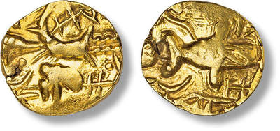 上海匡时2025年春季拍卖会 贵霜型寄多罗塔拉普拉低金币一枚，查谟和克什米尔造币厂公元5世纪，正面：国王站像，背面：大地神阿多赫索坐像，直径：21mm，重量：7.18g