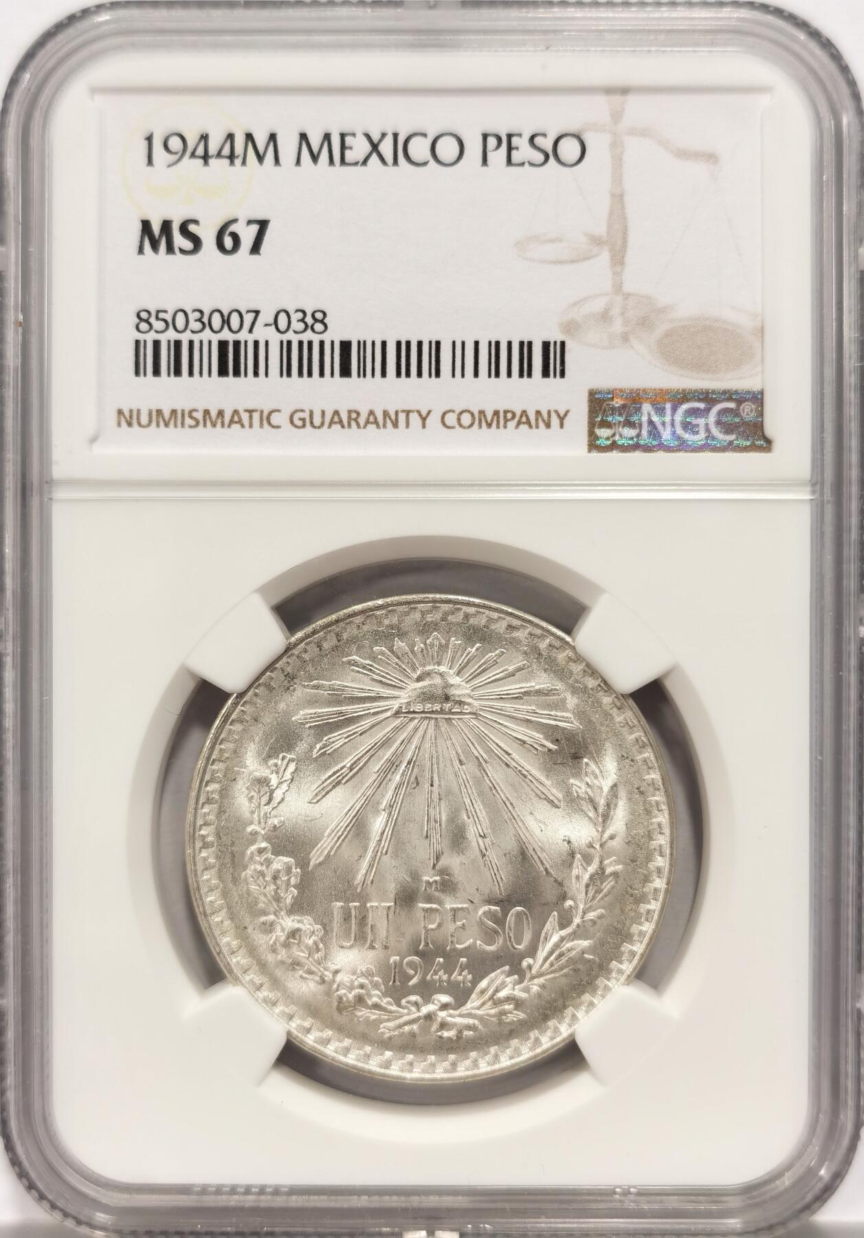 【麦稀奇收藏嘉年华】 博洋堂美国及美洲钱币专场拍卖②暨第127期（全场包邮） NGC MS67 墨西哥1944年1比索鹰洋银币，极致高分