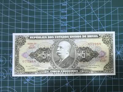 外国钱币专场，0元起拍，3元加价，无佣金 - 巴西钱币 5克鲁塞罗纸币 1965年版签名
