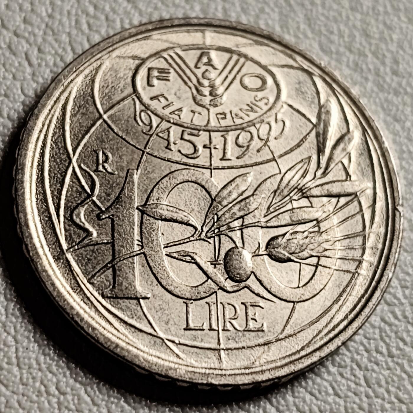 泉币菌-第41场-周末休闲福利场 原光美品 意大利1995年 100里拉镍币  联合国粮农组织成立50周年纪念币