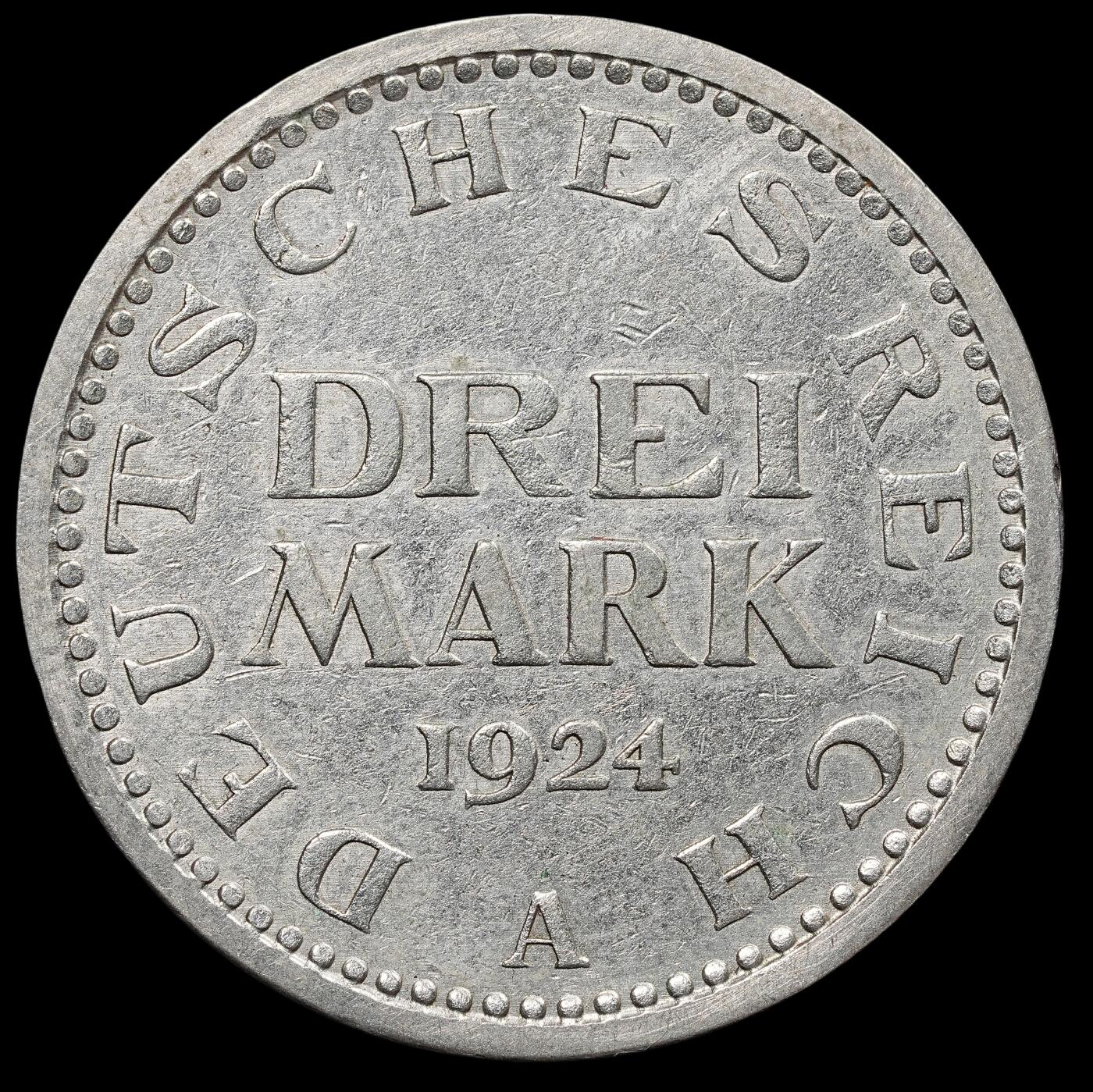 修遠堂世界钱币第七十五期 1924年德国魏玛共和国3马克银币 A厂铭