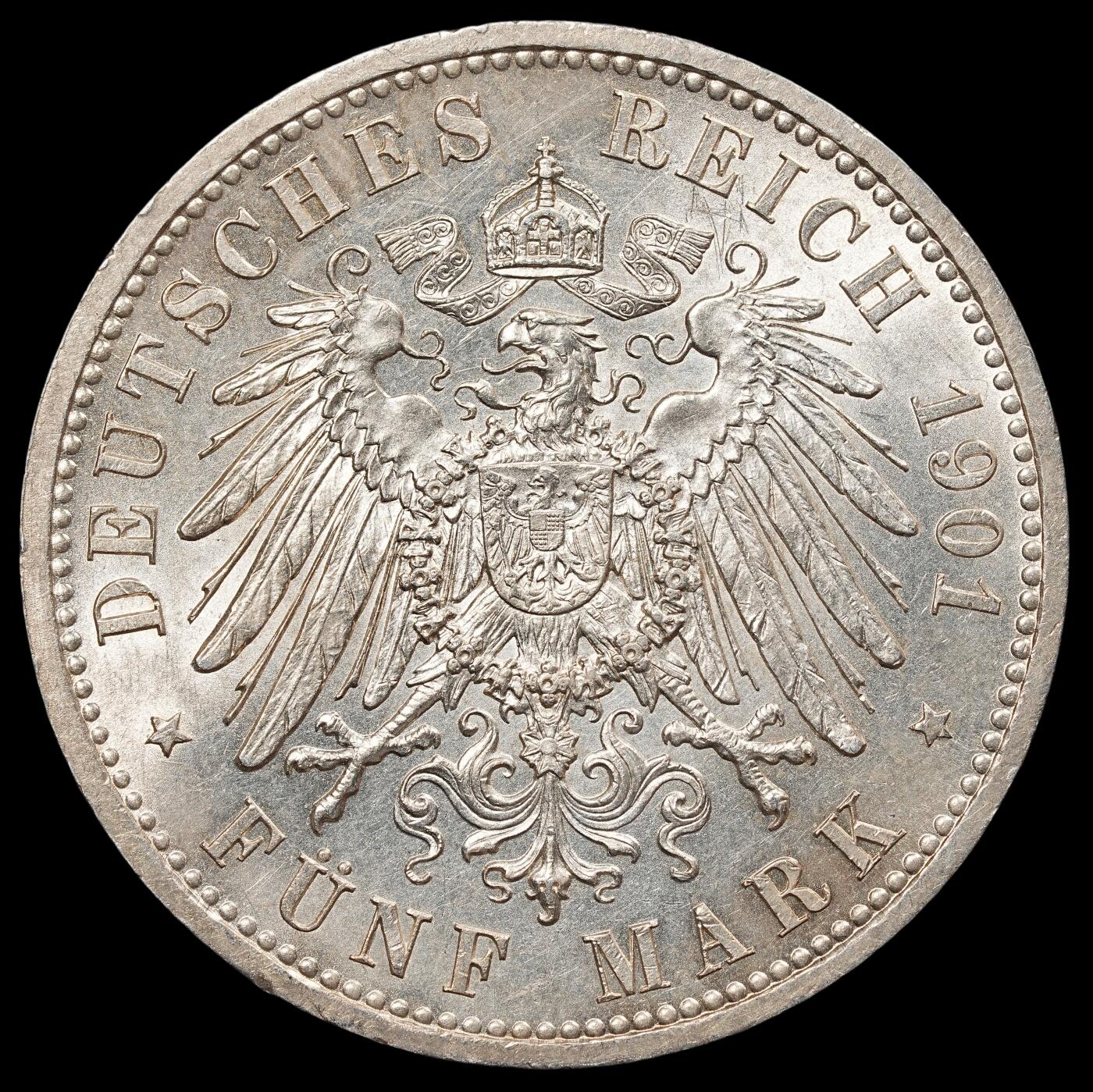 修遠堂世界钱币第七十五期 1901年普鲁士建国200周年5马克大银币 原光未流通 背面皇冠右侧有些划痕