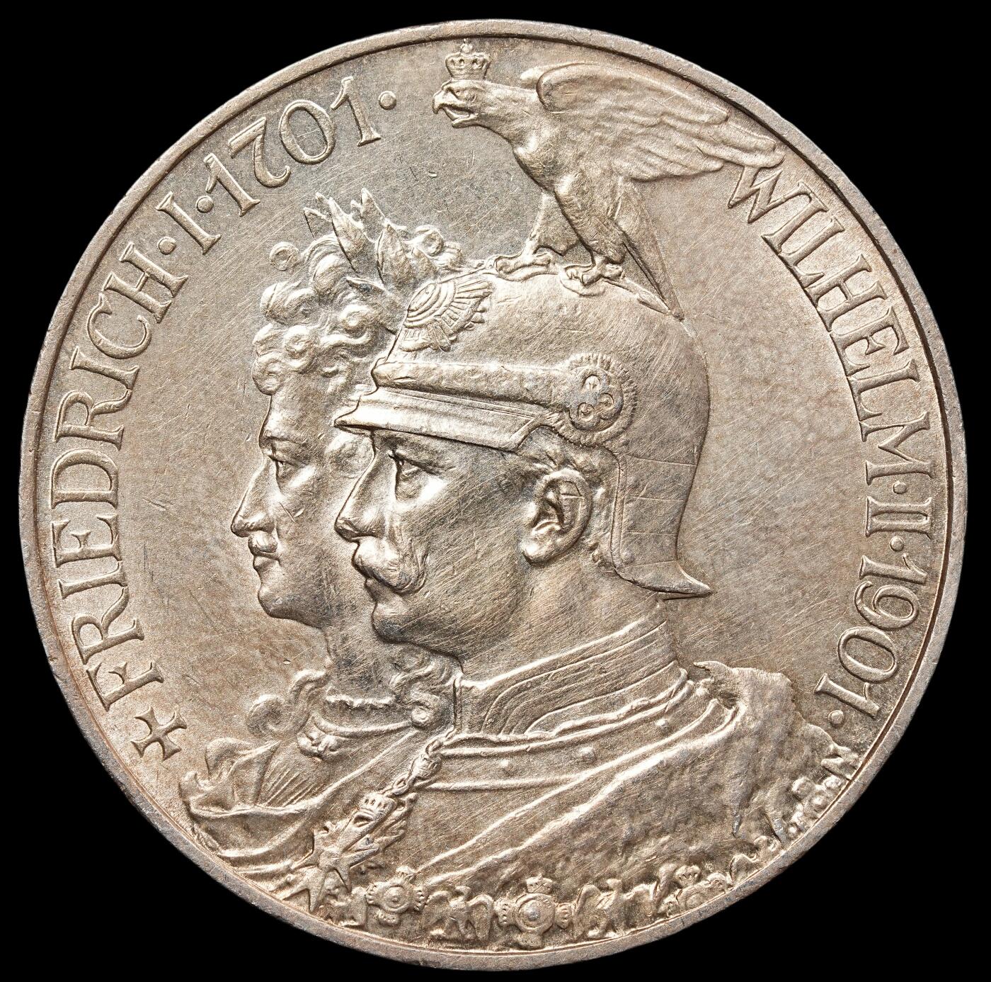 修遠堂世界钱币第七十五期 1901年普鲁士建国200周年5马克大银币 原光未流通 背面皇冠右侧有些划痕