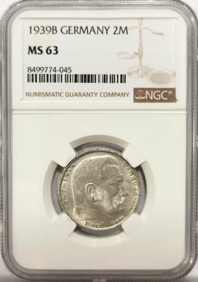 博洋堂世界钱币拍卖第134期（全场包邮） - NGC MS63 德国第三帝国1939年B版兴登堡2马克银币