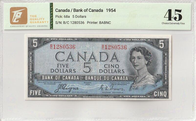 2025六月第四期（总第181期） 加拿大1954版5元“魔鬼脸”版本首签TQG45，因新发行纸币的女王发型可以看出来一个魔鬼向下看的脸而被舆论攻击，从而紧急改版，导致此版本稀少