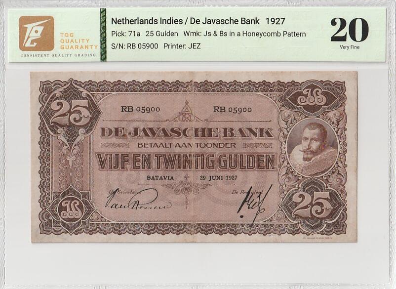 2025六月第四期（总第181期） 荷属东印度（现印度尼西亚）1927年25盾TQG20分背面备注针孔，德鲁伊特将军和巴达维亚的爪哇银行总部，稀有的早期中高面值品种