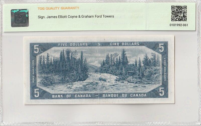 2025六月第四期（总第181期） 加拿大1954版5元“魔鬼脸”版本首签TQG45，因新发行纸币的女王发型可以看出来一个魔鬼向下看的脸而被舆论攻击，从而紧急改版，导致此版本稀少