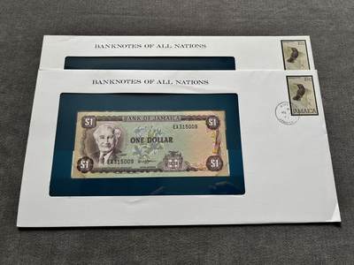 咖啡豆•收藏 2025年Jun_28th世界各国纸币拍卖  - 2枚 牙买加 1982年 1元 全新UNC 外国纸币 富兰克林 邮币封