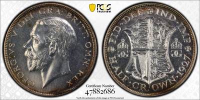 博洋堂德系小专场暨第132期（全场包邮） - PCGS PR63 英国1927年乔治五世精制半克朗银币，镜面好品，边缘氧化金彩