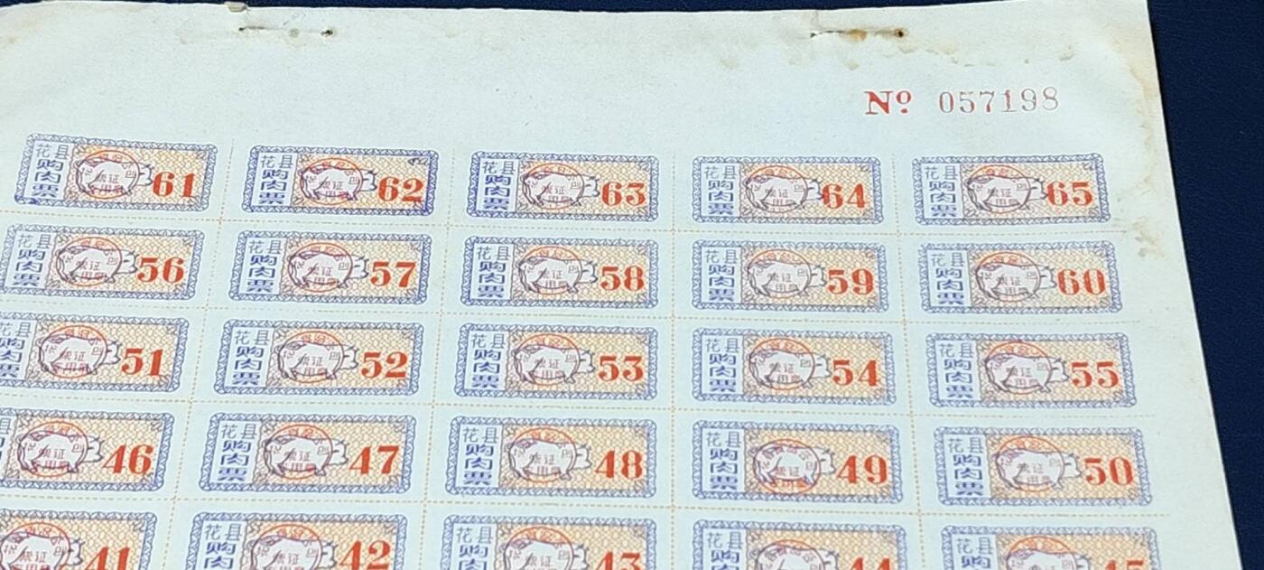 票证拍场，都是整版或者联票 花县购肉票，整版65张