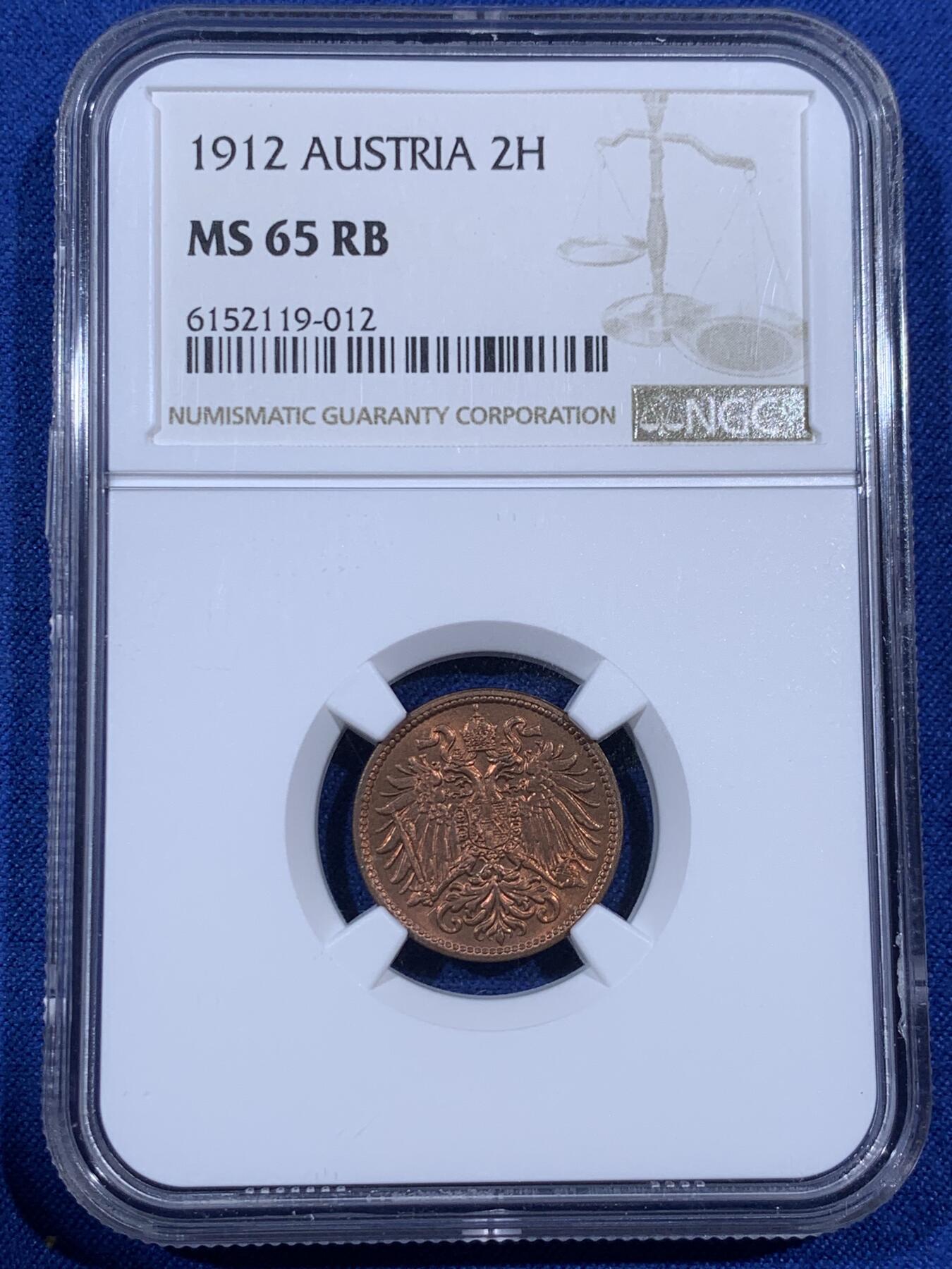 《竞宝斋》第394场 周日，周一，2场连拍 （全场包邮） NGC MS65RB 奥匈帝国 1912年 奥地利2赫勒 铜币