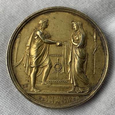 掌中浮雕-藏着的欧洲第030场 - 法国1823年婚姻纪念镀金银章背刻花 , 34mm ,17.8g