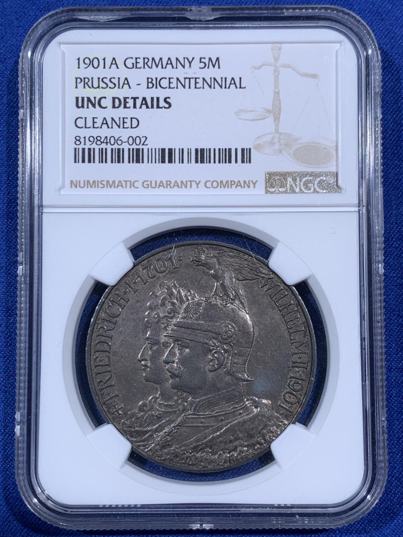 《竞宝斋》第394场 周日，周一，2场连拍 （全场包邮） NGC UNCD 德国1901年普鲁士建国200周年5马克银币