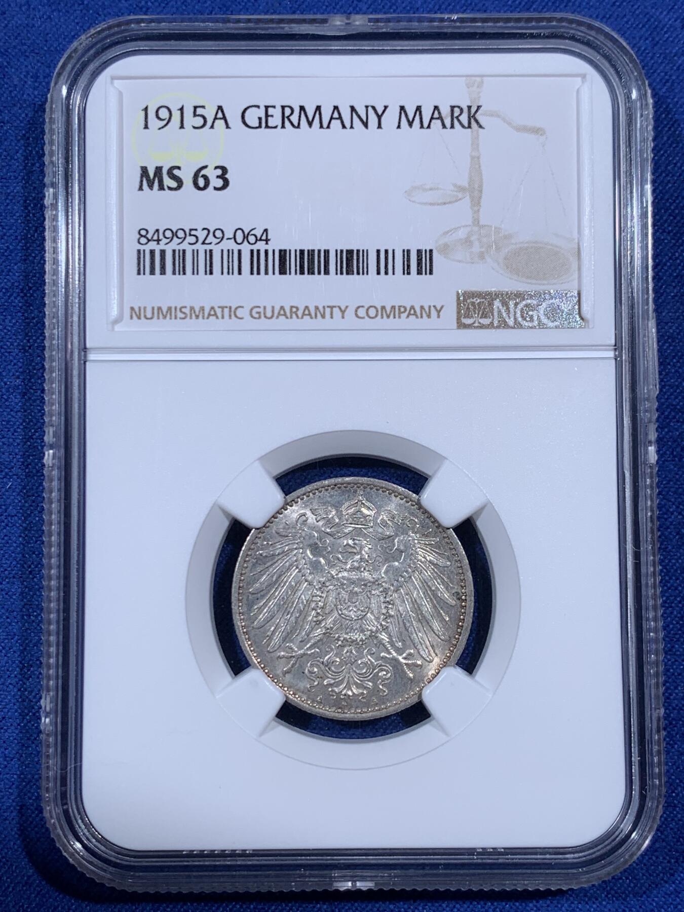 《竞宝斋》第394场 周日，周一，2场连拍 （全场包邮） NGC MS63 德国 1915年 一马克 银币
