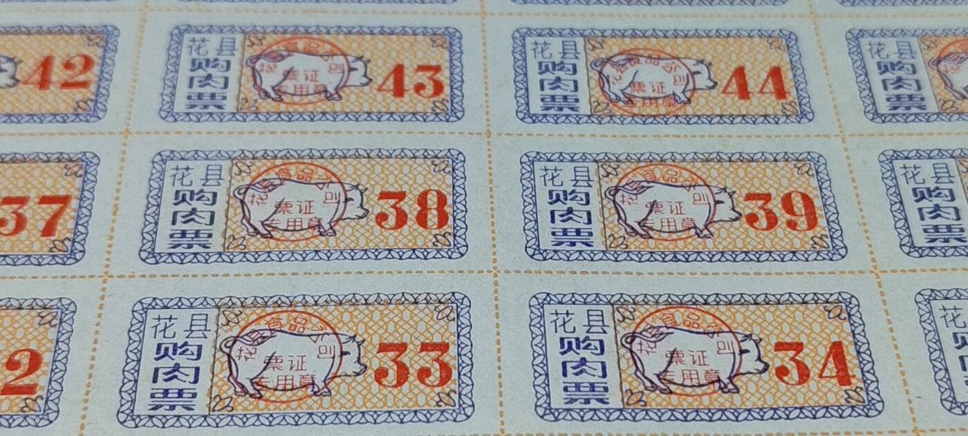 票证拍场，都是整版或者联票 花县购肉票，整版65张