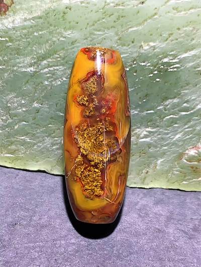 冻料草花纹战国红玛瑙天珠形通货桶珠一个， - 冻料草花纹战国红玛瑙天珠形通货桶珠一个，