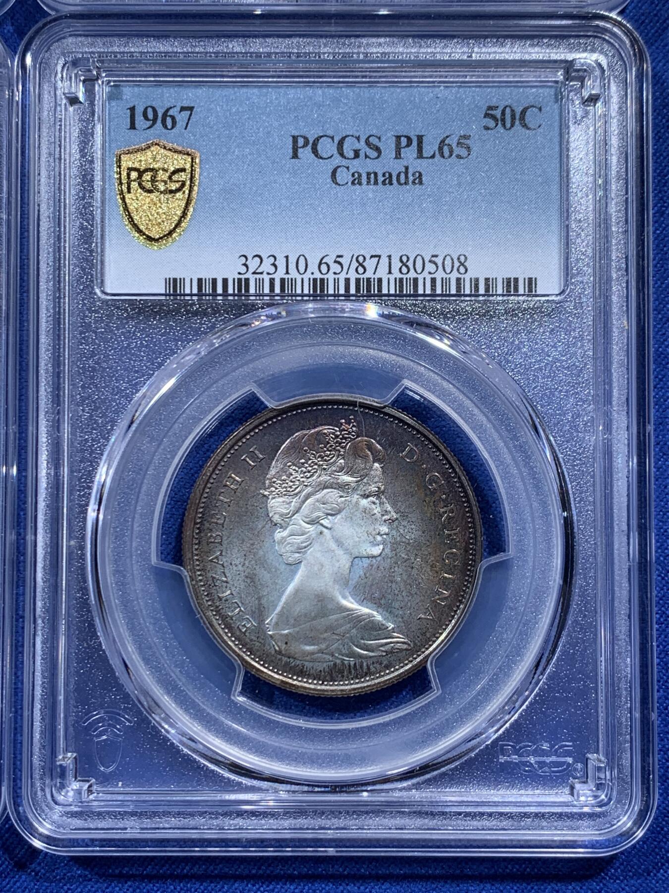 《竞宝斋》第395场 周日，周一，2场连拍 （全场包邮） 四枚一组 PCGS PL65RD/PL64/PL66/PL65 加拿大1967年建国百年1分/10分/25分/50分，PL大多是白币，重彩币还能有镜面感非常难得。3枚银币都是重彩，实物非常漂亮