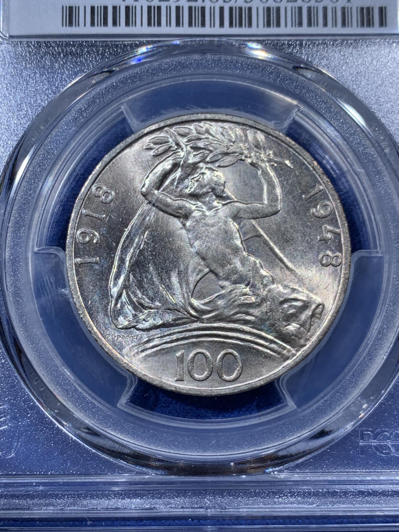 《竞宝斋》第395场 周日，周一，2场连拍 （全场包邮） PCGS MS65 捷克斯洛伐克1948年独立30周年纪念100克朗银币