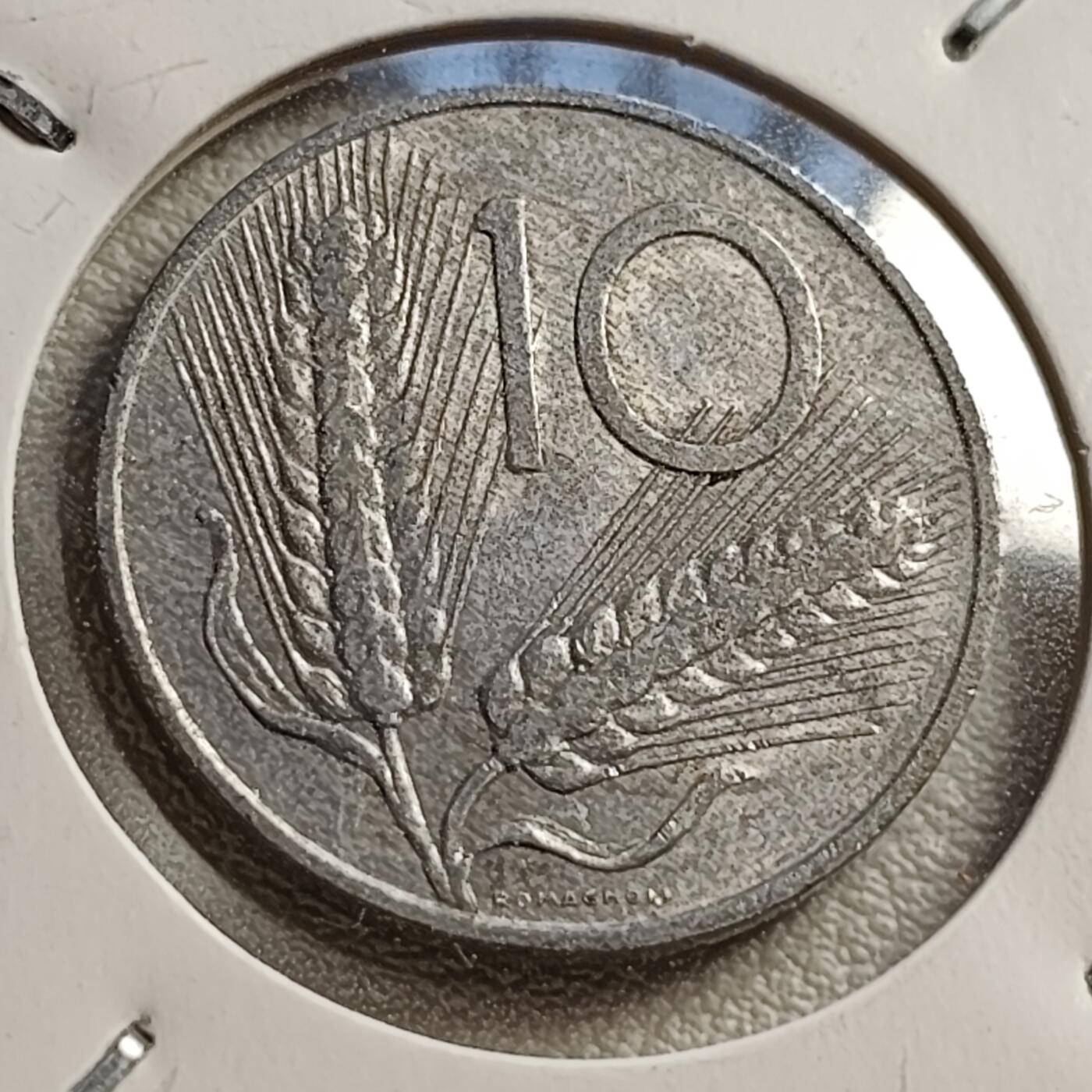 泉币菌-第42场-各国散币 意大利1969年 10里拉铝币 麦穗古犁 23.2mm