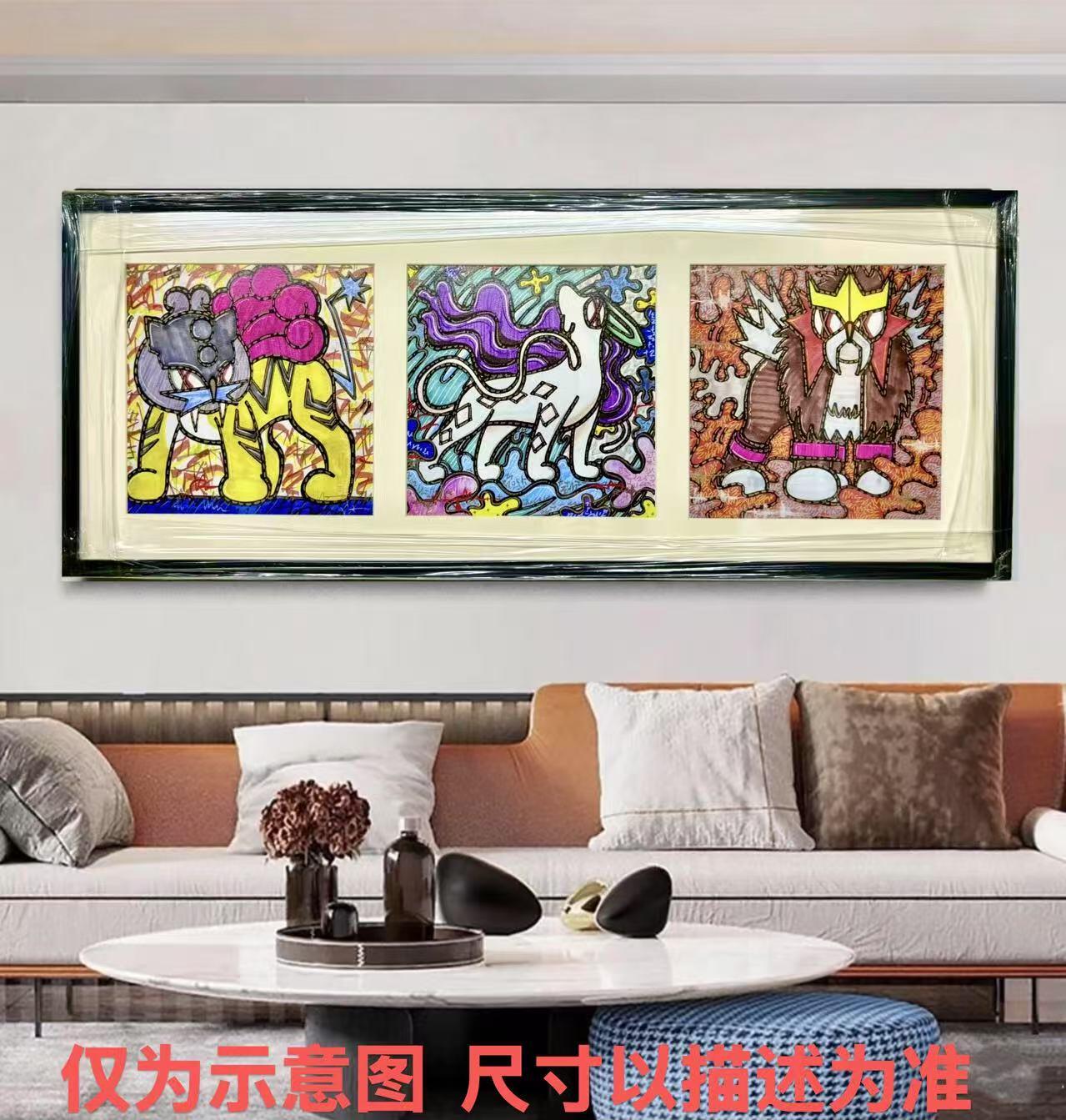 零元拍：歪歪作品：《宝可梦三圣兽：雷帝-水君-炎帝》组图，数字版画，高清数码艺术画，已装裱合金相框，装裱后尺寸：55X22CM