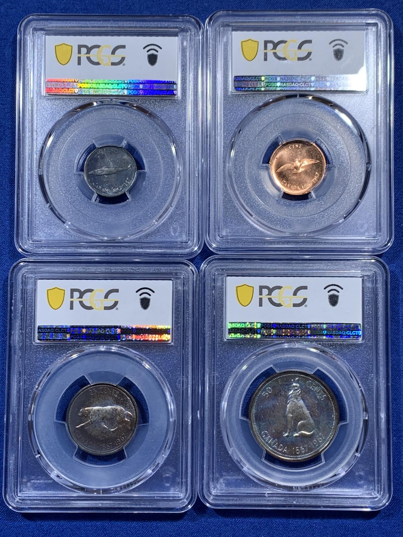 《竞宝斋》第395场 周日，周一，2场连拍 （全场包邮） 四枚一组 PCGS PL65RD/PL64/PL66/PL65 加拿大1967年建国百年1分/10分/25分/50分，PL大多是白币，重彩币还能有镜面感非常难得。3枚银币都是重彩，实物非常漂亮