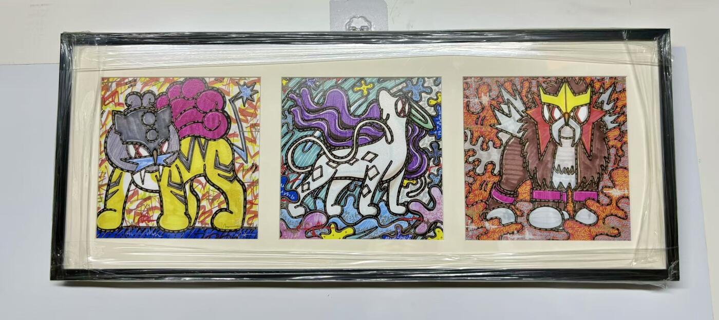 零元拍：歪歪作品：《宝可梦三圣兽：雷帝-水君-炎帝》组图，数字版画，高清数码艺术画，已装裱合金相框，装裱后尺寸：55X22CM