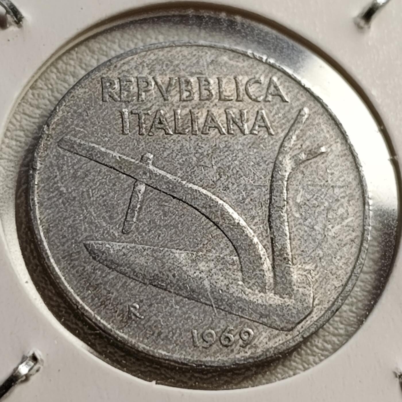 泉币菌-第42场-各国散币 意大利1969年 10里拉铝币 麦穗古犁 23.2mm