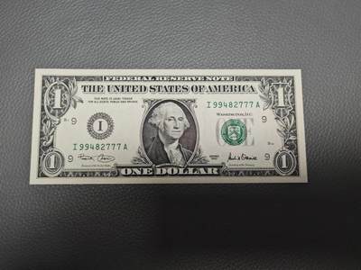 美国纸币 靓号豹子号 2001年 稀少I区 1美元 首发A冠 尾777 全新UNC  - 美国纸币 靓号豹子号 2001年 稀少I区 1美元 首发A冠 尾777 全新UNC 