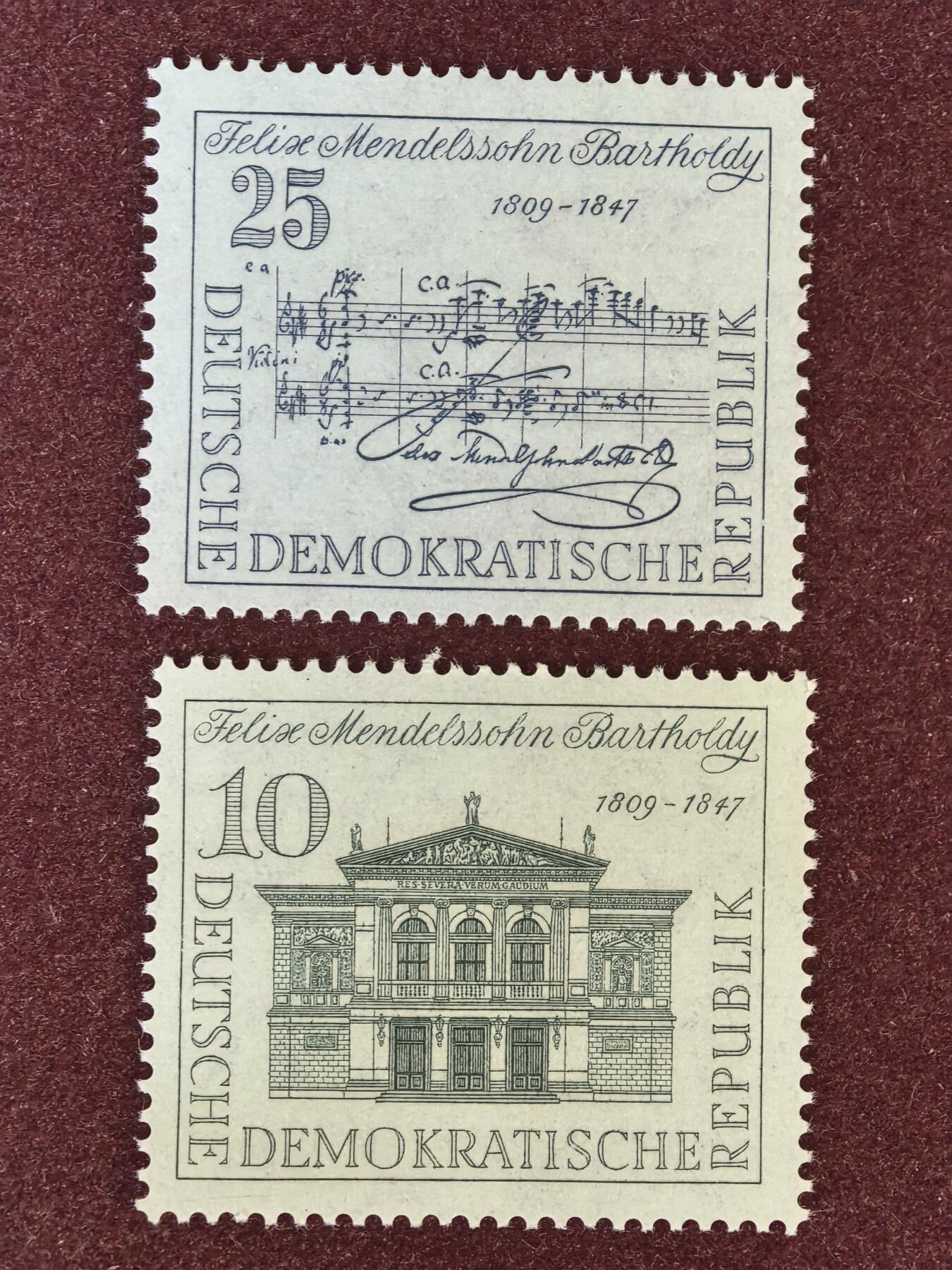 联合阁邮币社™ ——“精品多国邮票”  东德1959年 作曲家门德尔松 乐谱 2全 (背有掉胶)