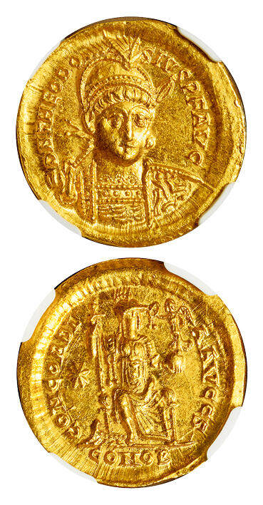 华艺国际2025年春季拍卖会 钱币专场 公元402—450年东罗马帝国狄奥多西二世像金币一枚/NGC MS