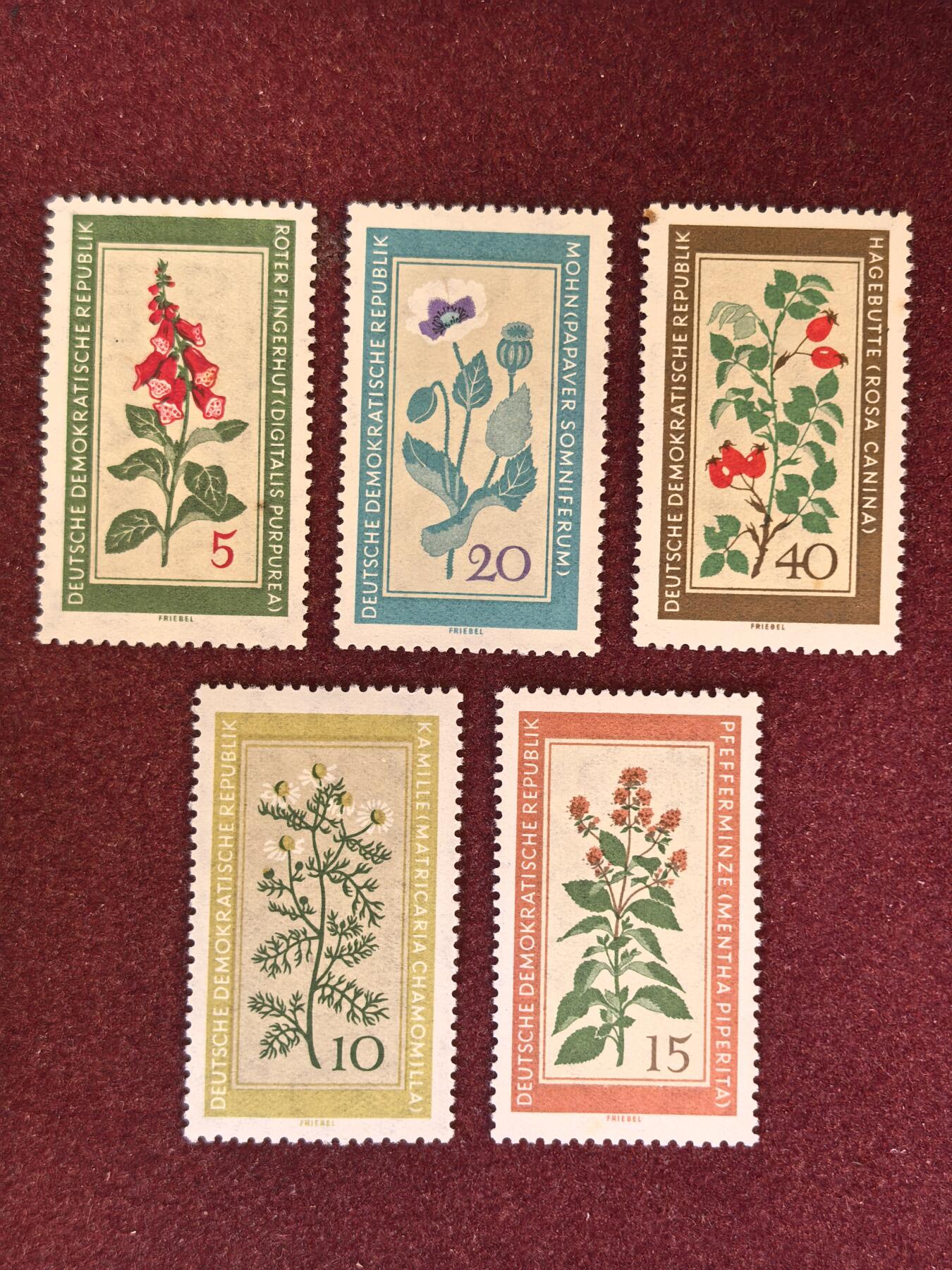 联合阁邮币社™ ——“精品多国邮票” 德国1960年 药用植物 花卉 5全 (背有掉胶)