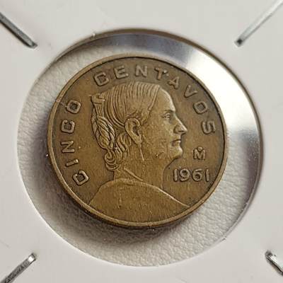 泉币菌-第43场-各国钱币 - 墨西哥1961年 5分多明格斯 黄铜币20.5mm