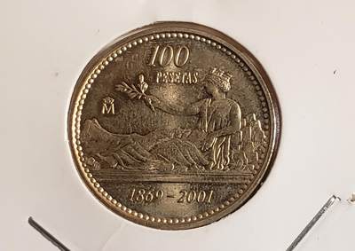 世界各国普、纪币捡漏专场(第十五场) - 2001年西班牙躺着戴冠女神手持橄榄枝100比塞塔铜币