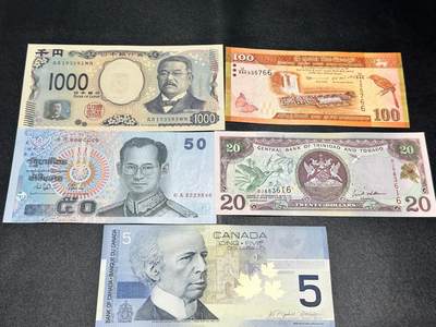 《外钞收藏家》第五百四十一期（本期有精品裸币版本系列、套币、靓号日元、热门评级）（本平台长期征集拍品、欢迎藏友们联系合作） - 日本新版AA冠1000日元、0A首发50泰铢、初版5加元等五张纸币一起 全新UNC