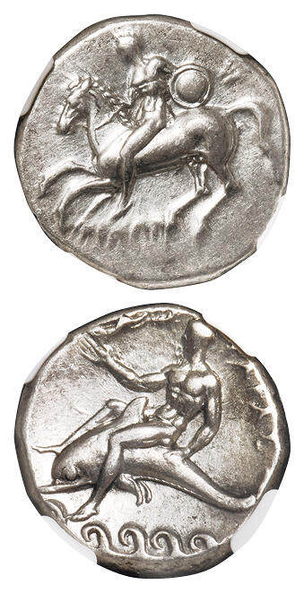 华艺国际2025年春季拍卖会 钱币专场 公元前302—280年古希腊塔拉斯城邦海豚少年银币一枚/NGC AU