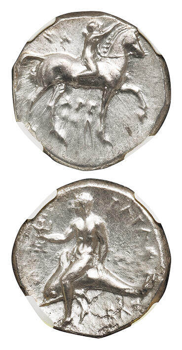 华艺国际2025年春季拍卖会 钱币专场 公元前302—280年古希腊塔拉斯城邦海豚少年银币一枚/NGC Ch AU