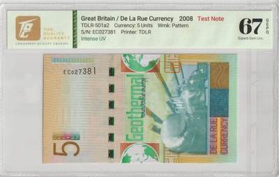 TQG67分 英国De La Rue Currency 2008 无面值（5个单位）测试钞 乱蛇号 - TQG67分 英国De La Rue Currency 2008 无面值（5个单位）测试钞 乱蛇号