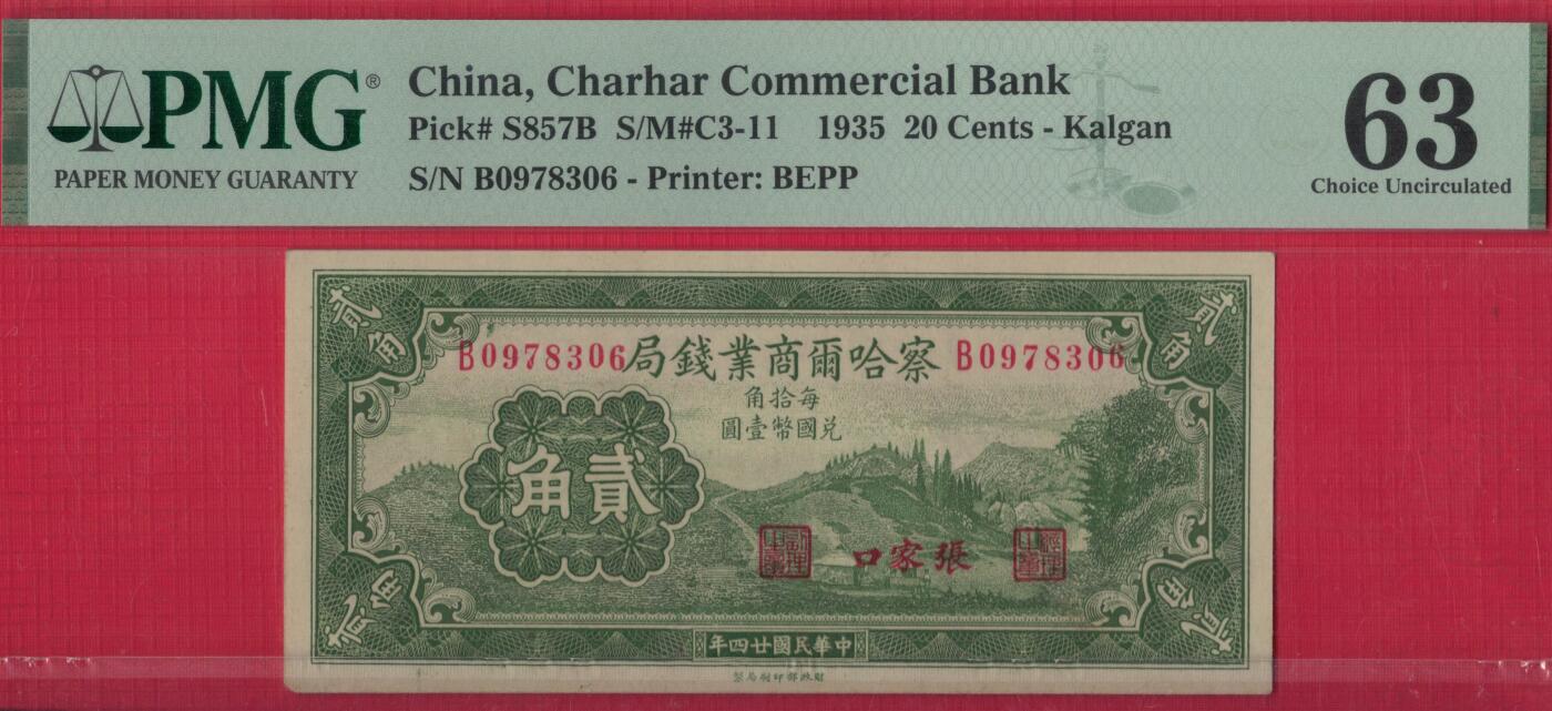察哈尔商业钱局1935年(民国二十四年)贰角(二角) 无4 盖张家口 实物图