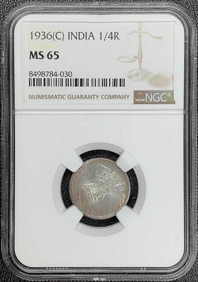 第41期钱币微拍 展会预热特惠场 全场包邮（麦稀奇收藏嘉年华） - NGC MS65 英属印度 1936年C版 乔治五世 1/4卢比银币 高分月牙彩