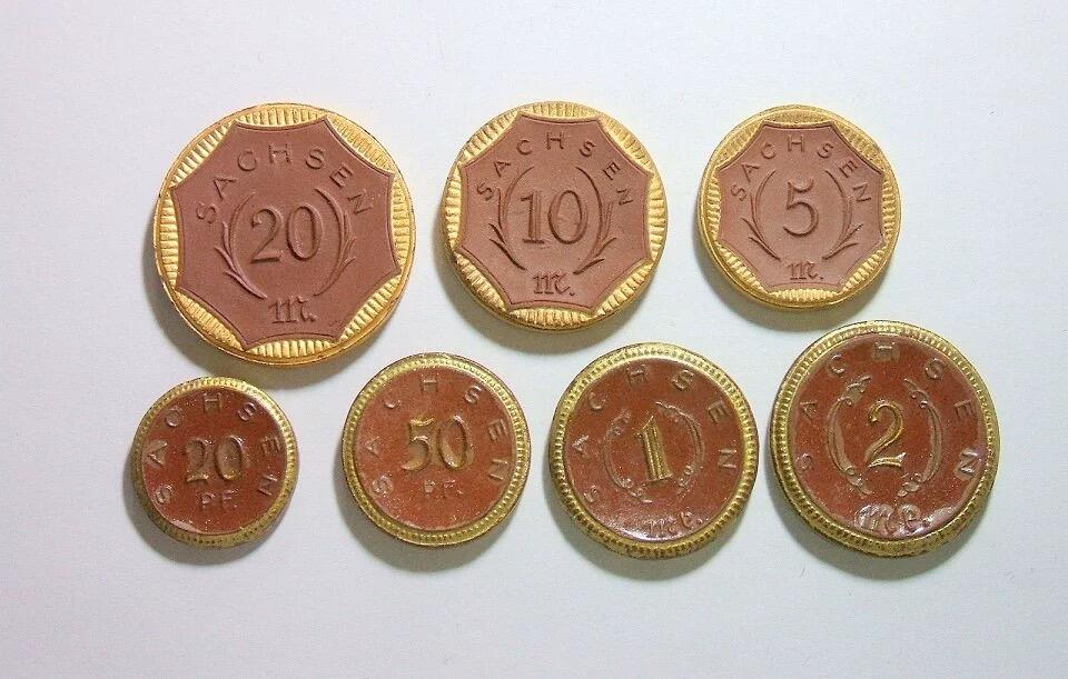 【原盒】稀见全镶金边 7枚全套 德国德紧萨克森1921年著名陶币 带原盒