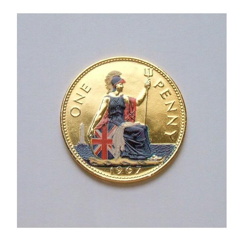 英国1967年 伊丽莎白青年像+海神镀金彩色纪念币 31MM