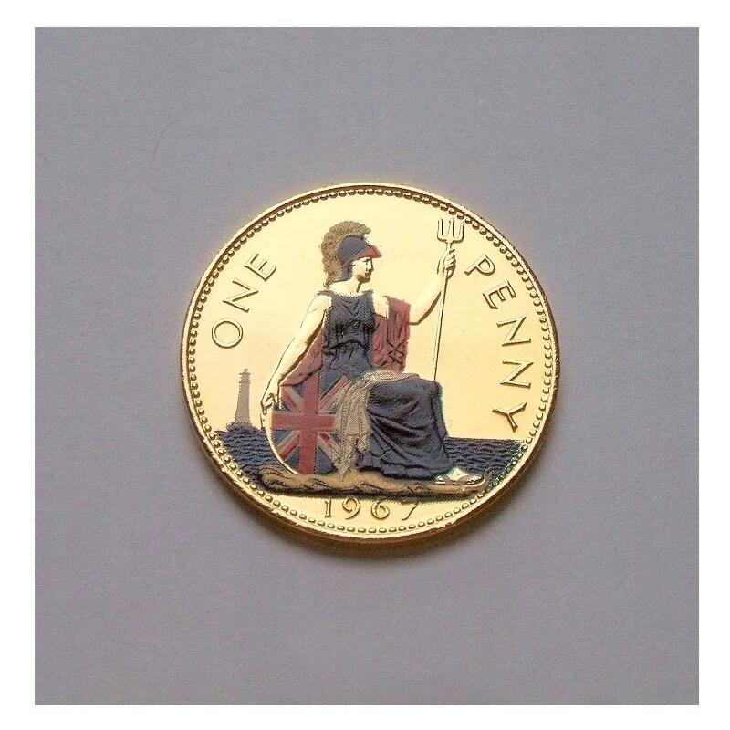 英国1967年 伊丽莎白青年像+海神镀金彩色纪念币 31MM