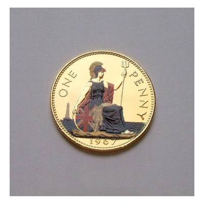 英国1967年 伊丽莎白青年像+海神镀金彩色纪念币 31MM - 英国1967年 伊丽莎白青年像+海神镀金彩色纪念币 31MM