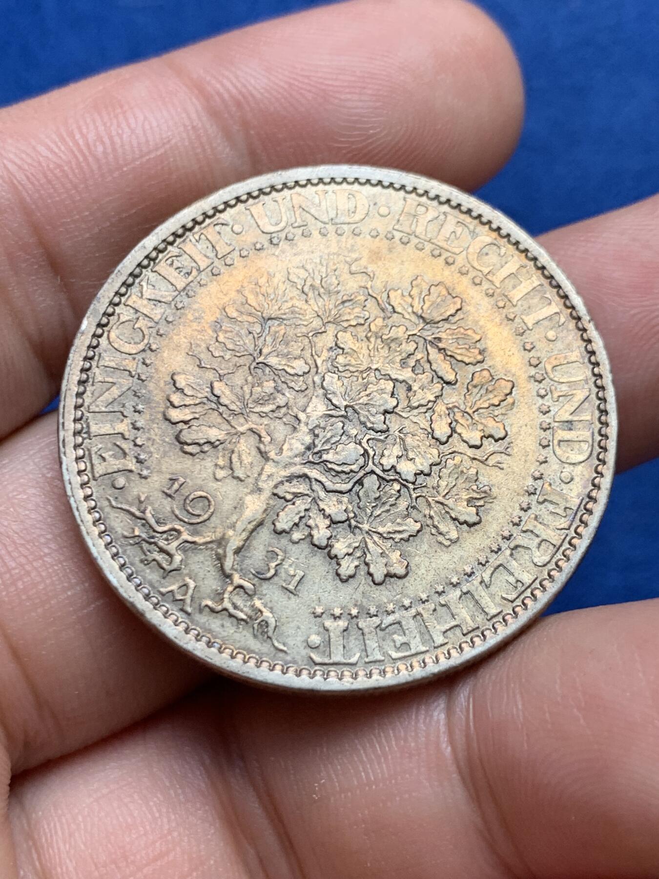 《竞宝斋》第396场 周日，周一，2场连拍 （全场包邮） 德国1931年橡树5马克银币，原味未洗黄油老包浆