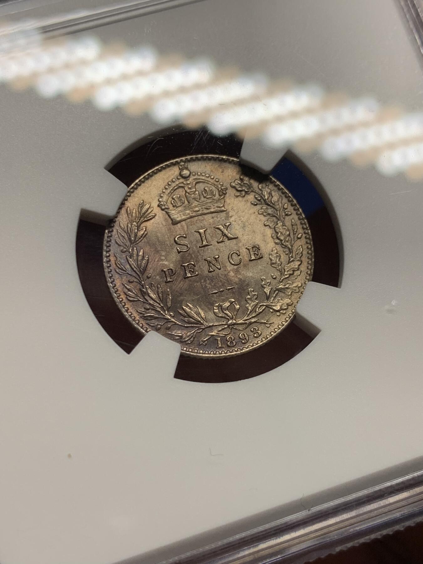 《竞宝斋》第396场 周日，周一，2场连拍 （全场包邮） NGC MS64 英国1893维多利亚披纱6便士，紫罗兰彩，披纱好品少见